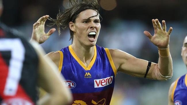 Eric Hipwood of the Lions celebrates kicking a goal during the AFL match between the Brisbane Lions and the Essendon Bombers. Pic Darren England.