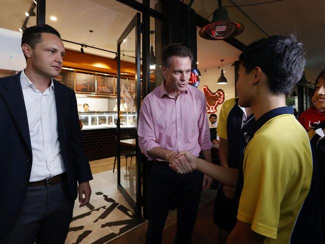 NSW Labor leader Chris Minns campaigning with Nathan Hagarty Candidate for Leppington at the Carnes Hill Marketplace. Picture: Jonathan Ng