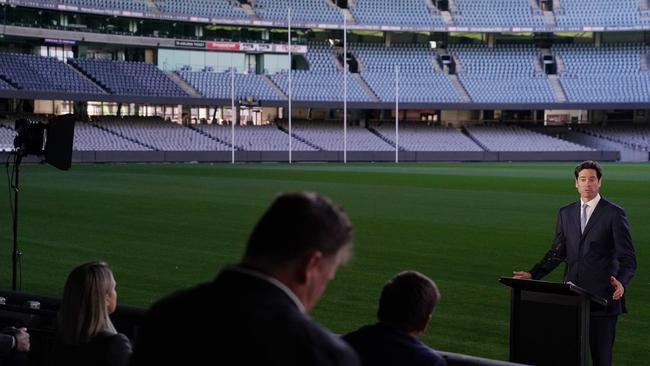 AFL CEO Gillon McLachlan speaks to media during a press conference at Marvel Stadium in Melbourne. Picture: AAP