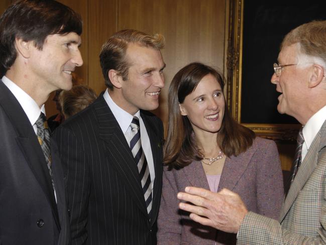 In this picture from 2007, Former Pittwater MP Jim Longley (left) , Rob and Sophie Stokes and Robert Dunn meet after Mr Stokes’ inaugural speech to parliament. Picture: Martin Lange