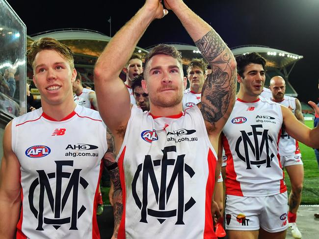 ADELAIDE, AUSTRALIA - AUGUST 13: Deamons players react as they walk from the field after the round 21 AFL match between the Port Adelaide Power and the Melbourne Demons at Adelaide Oval on August 13, 2016 in Adelaide, Australia. (Photo by Daniel Kalisz/Getty Images)