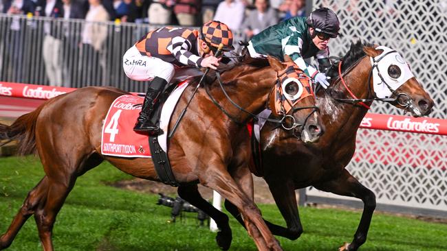 Southport Tycoon and Mark Zahra runs over the top of Growing Empire and Craig Williams in the Group 1 Manikato Stakes at The Valley. Picture: Vince Caligiuri/Getty Images