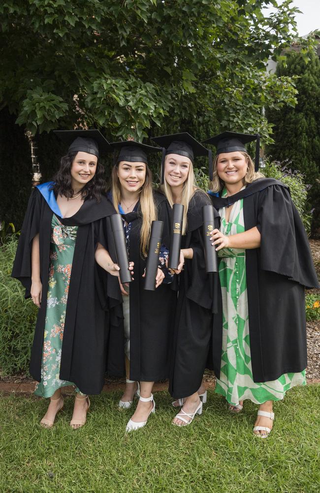 Bachelor of Nursing graduates (from left) Ellyann Acworth, Tylah Fontaine, Madeleine Delaforce and Kali Brumpton at a UniSQ graduation ceremony at Empire Theatres, Wednesday, February 14, 2024. Picture: Kevin Farmer