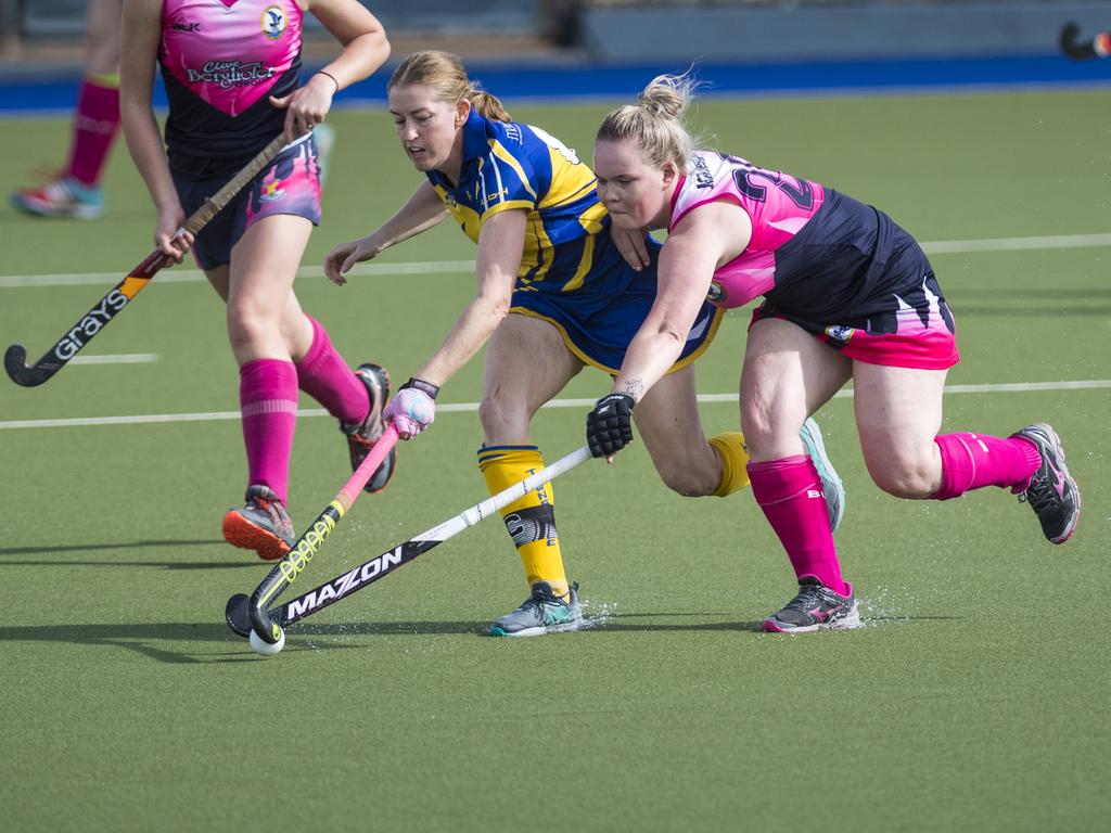 Emma McCulloch (left) of Townsville and Emily Manhire of Toowoomba 2 in Hockey Queensland Championships at Clyde Park, Saturday, May 1, 2021. Picture: Kevin Farmer