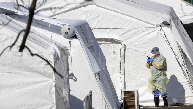 A medical worker wears personal protective equipment while working at the Samaritan's Purse field hospital in Central Park. Picture: Mary Altaffer/AP