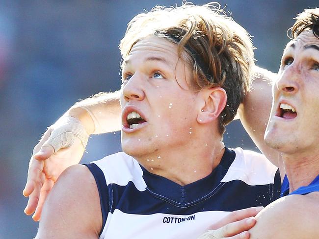 GEELONG, AUSTRALIA - JULY 28:  Rhys Stanley of the Cats (L) competes for the ball against Oscar McInerney of the Lions during the round 19 AFL match between the Geelong Cats and the Brisbane Lions at GMHBA Stadium on July 28, 2018 in Geelong, Australia.  (Photo by Michael Dodge/Getty Images)