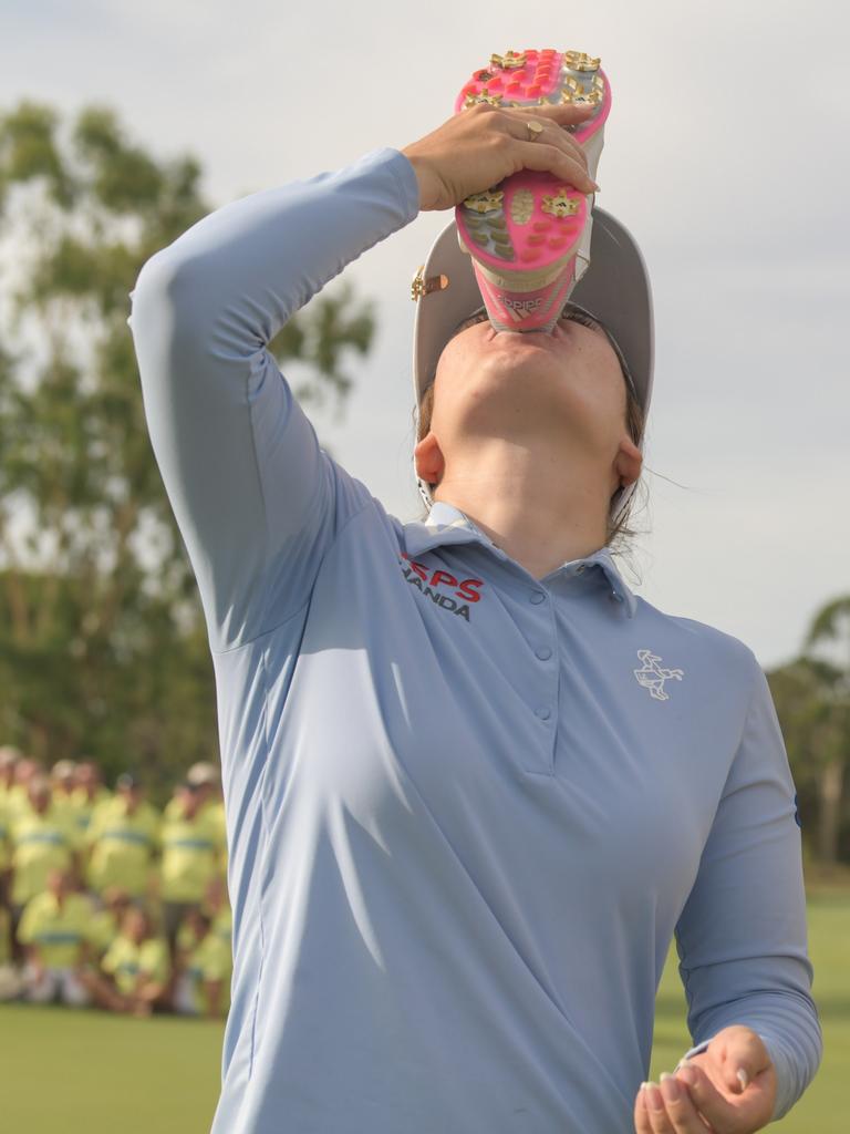 Hannah Green celebrates her TPS win with a shoey. Picture: Golf Australia