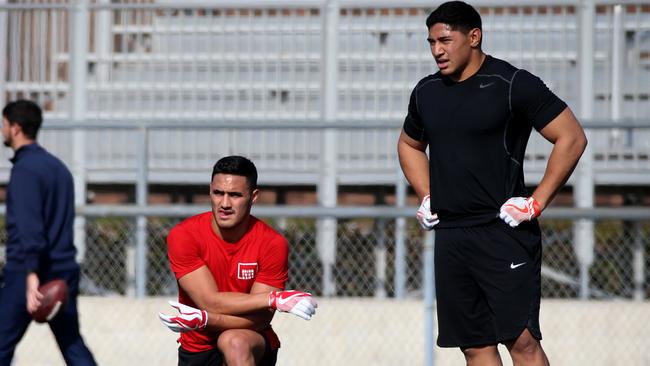 Jason Taumalolo and Valentine Holmes at Loyola High School in Los Angeles. Picture: Nathan Edwards