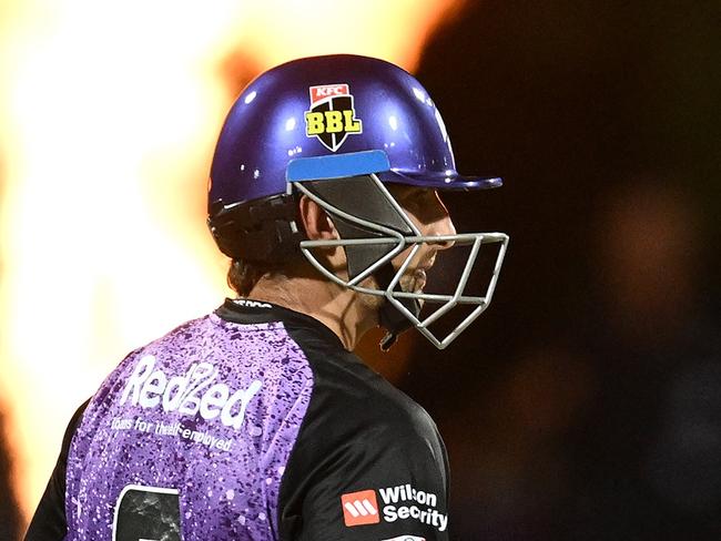 HOBART, AUSTRALIA - JANUARY 10: Tim David of the Hurricanes looks on after he hits a six during the BBL match between Hobart Hurricanes and Sydney Thunder at Blundstone Arena, on January 10, 2025, in Hobart, Australia. (Photo by Steve Bell/Getty Images)