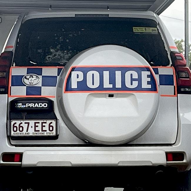 A police vehicle riddled with bullet holes after the deadly shootout. Picture: Aisling Brennan