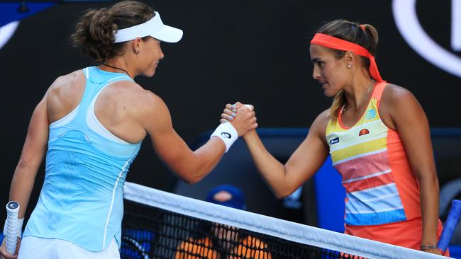 Sam Stosur congratulates Monica Puig. Picture: Mark Stewart