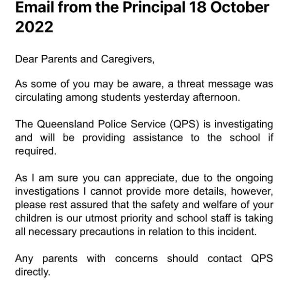 Email sent to parents this morning from the principal. Picture – contributed.