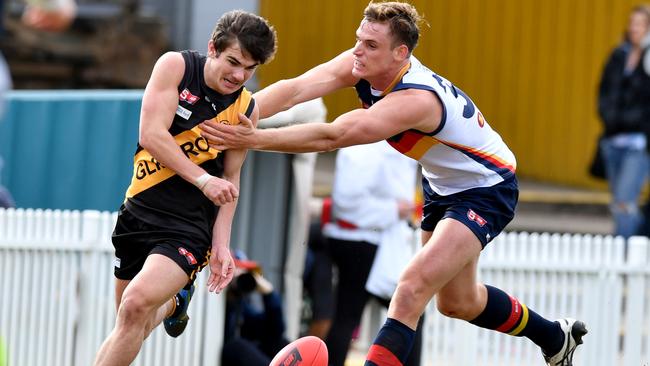 Adelaide’s Paul Hunter, right, was re-drafted by the Crows as a rookie. Picture: Mark Brake