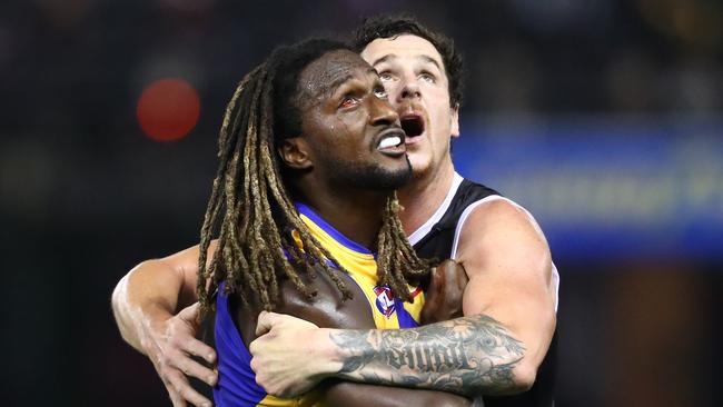 Nic Naitanui and makeshift ruckman Jake Carlisle do battle. Picture: Mike Owen/Getty Images