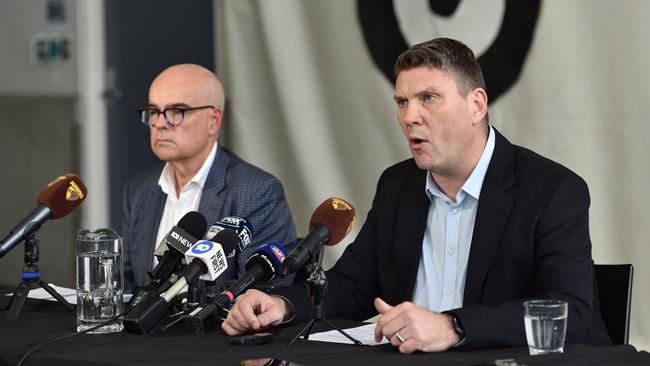 Hawthorn CEO Justin Reeves and Peter Nankivell speak to media at a press conference, Waverley Park, Melbourne. Picture: Nicki Connolly