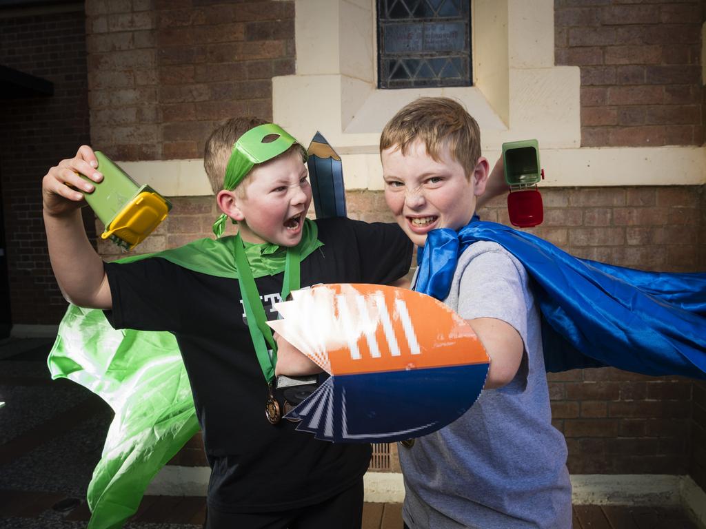 Brothers Patterson and Lawson Plumbe after competing in solo speech and drama sections of the 77th City of Toowoomba Eisteddfod at Empire Theatres, Monday, July 31, 2023. Picture: Kevin Farmer