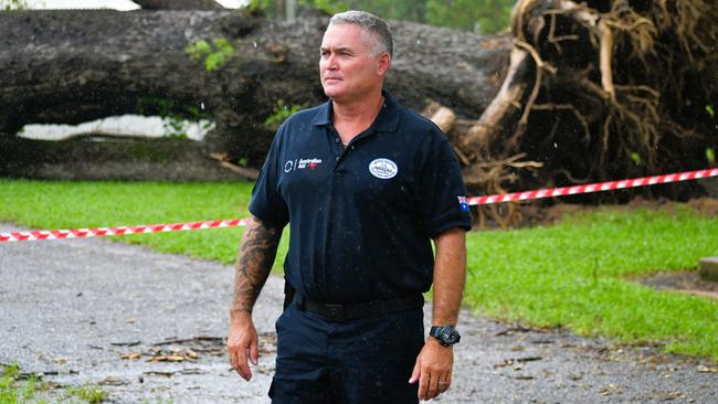 Queensland Fire and Rescue Service station officer Paul Dunn, also a member of the Disaster Assistance Response Team (DART) team, said the Flexible Habitat, also known as a “tent city”, had deployed at the Ingham Showgrounds gymnasium “to support anyone in the field during the disaster”. Picture: Cameron Bates