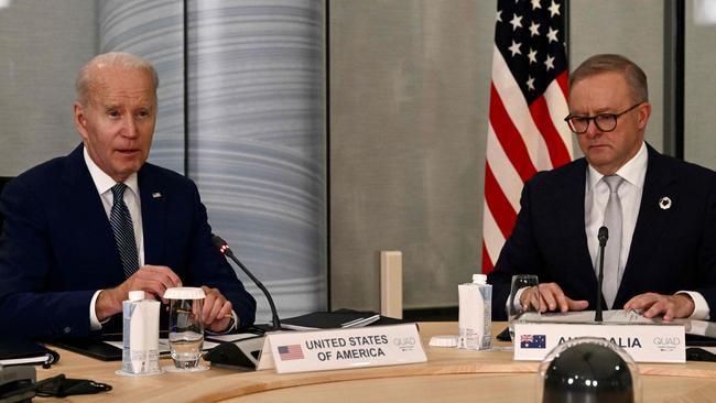 Joe Biden and Anthony Albanese attend a quad meeting. Picture: AFP.