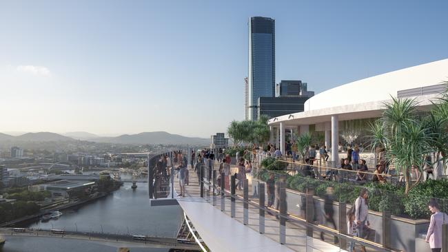 The Star Brisbane announced completion of Sky Deck with final section engineered into place 100m above the Brisbane River. Picture: The Star Entertainment Group.