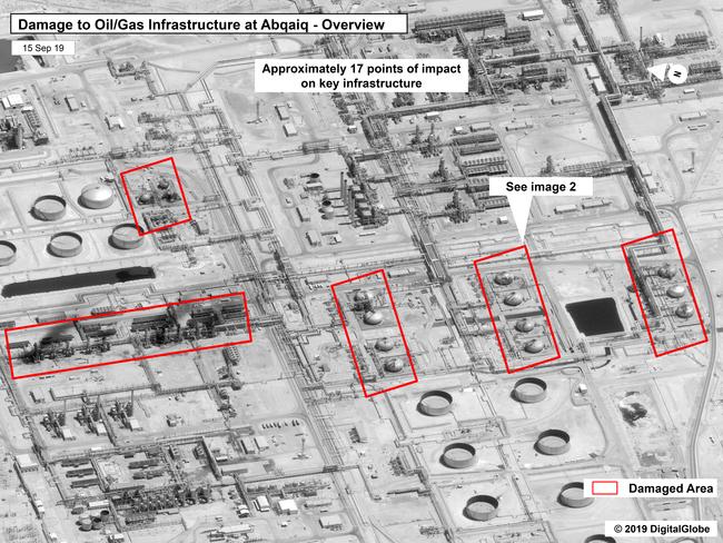 This image provided on by the U.S. government and DigitalGlobe shows damage to the infrastructure at Saudi Aramco's Abqaiq oil processing facility. Picture: AP