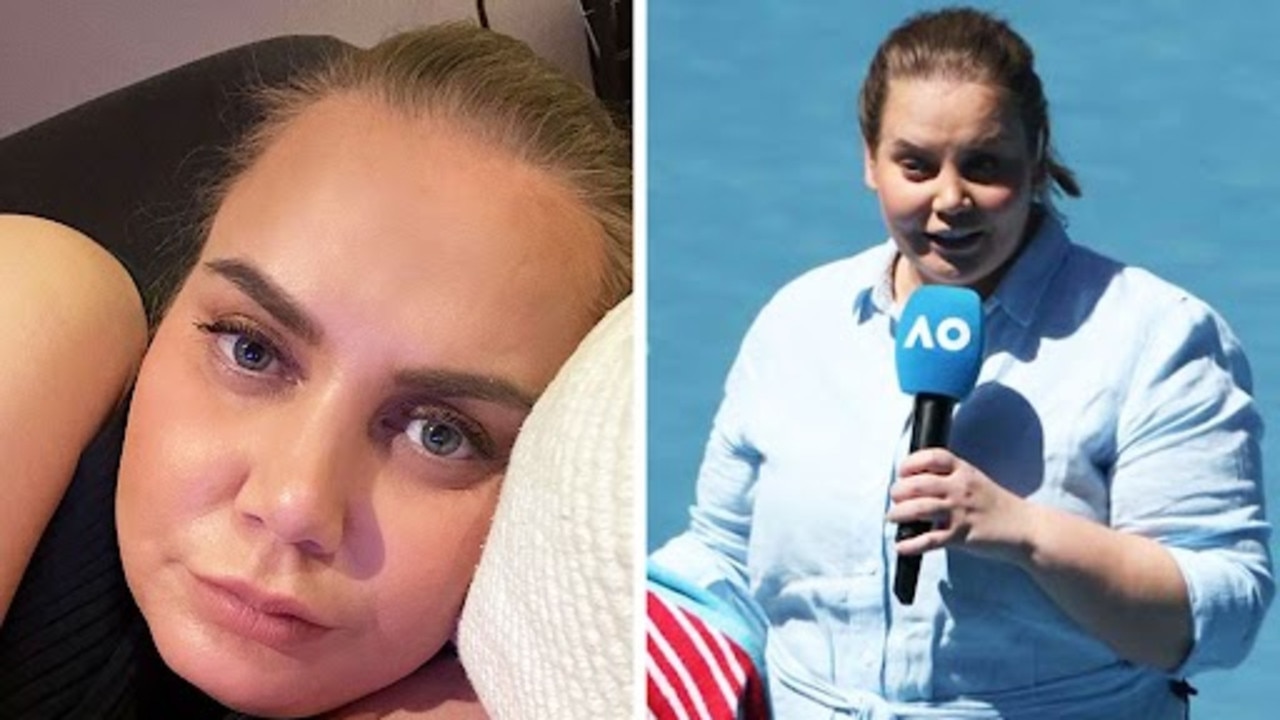 Jelena Dokic, Instagram post left, and commentating at the Australian Open