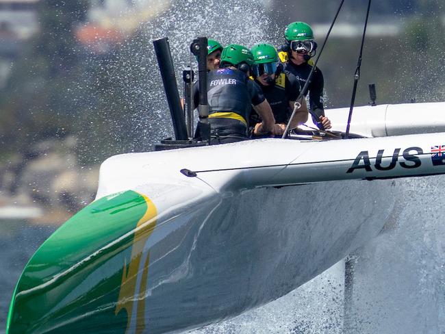 Tom Slingsby, driver of Australia SailGP Team, Sam Newton, grinder of Australia SailGP Team, Jason Waterhouse, flight controller of Australia SailGP Team and Kinley Fowler, grinder of Australia SailGP Team in action on Race Day 1 of the KPMG Australia Sail Grand Prix in Sydney, Australia. Saturday 8 February 2025. Rolex SailGP Championship Event 3 Season 2025. Photo: Felix Diemer for SailGP. Handout image supplied by SailGP