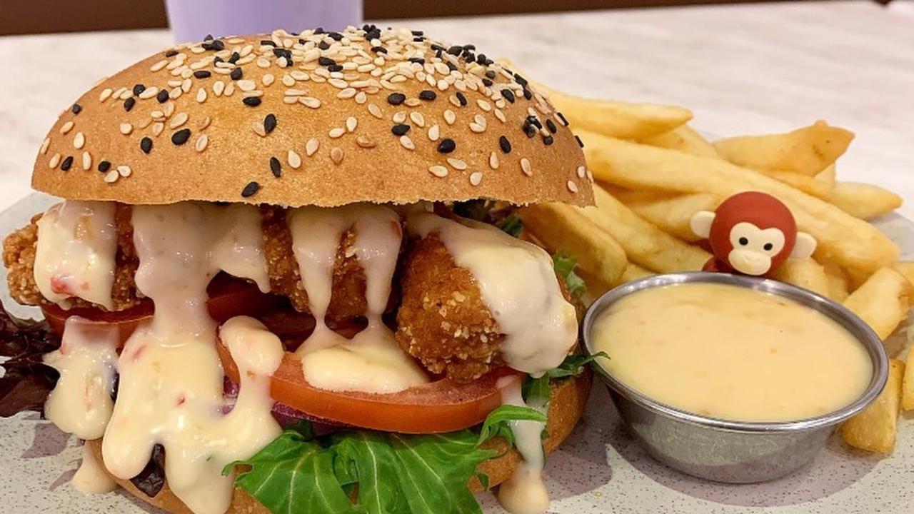 Karaage chicken burger at Three Wise Monkeys Cafe.