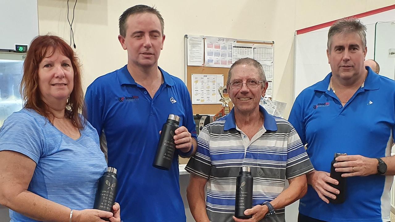 Squash - A-grade winners Vicki Polley, Luke Kidd, Gary Elson, Cameron Hughes and missing Bert Kritzinger.