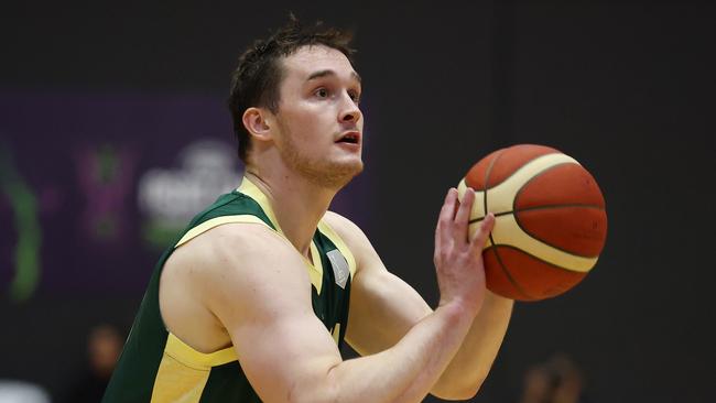 GIPPSLAND, AUSTRALIA - FEBRUARY 20: Elijah Pepper of Australia shoots from the arc during the FIBA Asia Cup Qualifier match between Australia Boomers and Indonesia at Gippsland Regional Indoor Sports Stadium on February 20, 2025 in Gippsland, Australia. (Photo by Daniel Pockett/Getty Images)