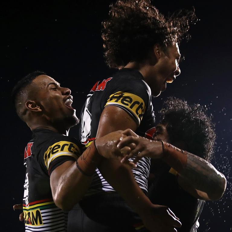 The Panthers left edge featuring (L-R) Stephen Crichton, Jerome Luai and Brian To'o is scoring at will. Picture: Mark Kolbe/Getty Images