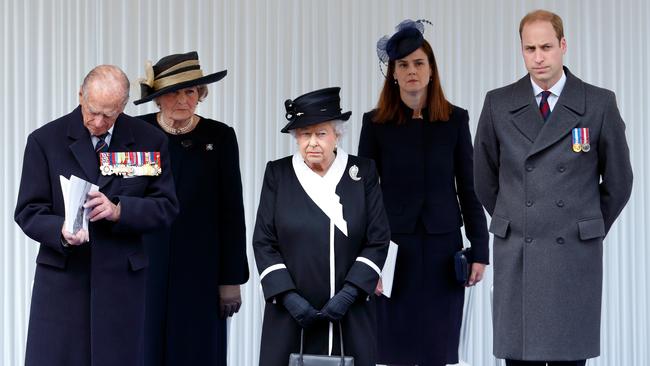 Prince Philip, Duke of Edinburgh, Lady Diana Farnham (lady-in-waiting), Queen Elizabeth II, Samantha Cohen (Assistant Private Secretary to Queen Elizabeth II) and Prince William, then Duke of Cambridge, at an Anzac Day ceremony in 2015. picture: Getty Images