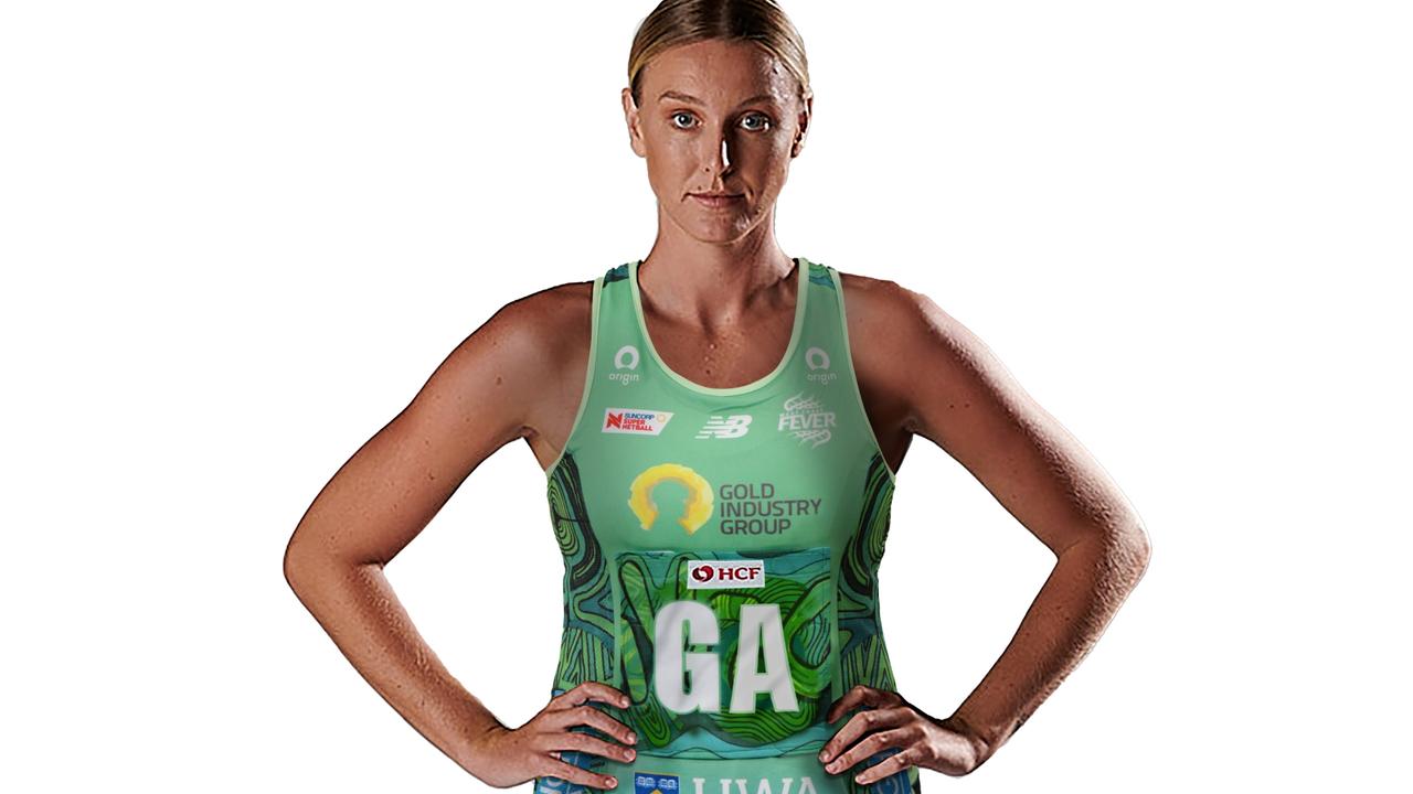 Fever goaler Sasha Glasgow in the club's First Nations round dress. Picture: West Coast Fever