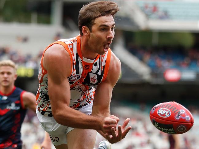 MELBOURNE, AUSTRALIA - MAY 26: Jeremy Finlayson of the Giants in action during the 2019 AFL round 10 match between the Melbourne Demons and the GWS Giants at the Melbourne Cricket Ground on May 26, 2019 in Melbourne, Australia. (Photo by Michael Willson/AFL Photos)