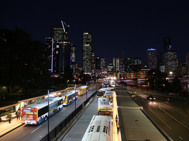 Queensland Translink Buses pull up at the Southbank interchange after crossing over the Victoria Bridge from the city, Brisbane 2019 Picture AAP/David Clark