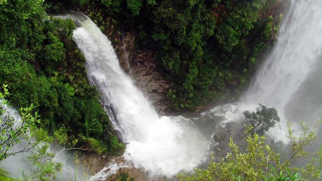 Coomera Falls (left) and Yarrabilgong Falls drop into Coomera Gorge in Lamington National Park.