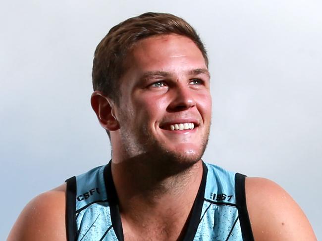 Cronulla Sharks players speak to the media ahead of the 2018 NRL Season kicking off this week. Cronulla prop Kurt Dillon is looking to make his debut this season after playing in the U20's and also working as a grounds keeper at Shark Park. Picture: Toby Zerna