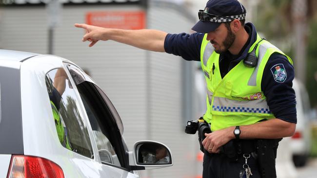 Police patrol the border at Griffith St, Coolangatta. Picture: Adam Head