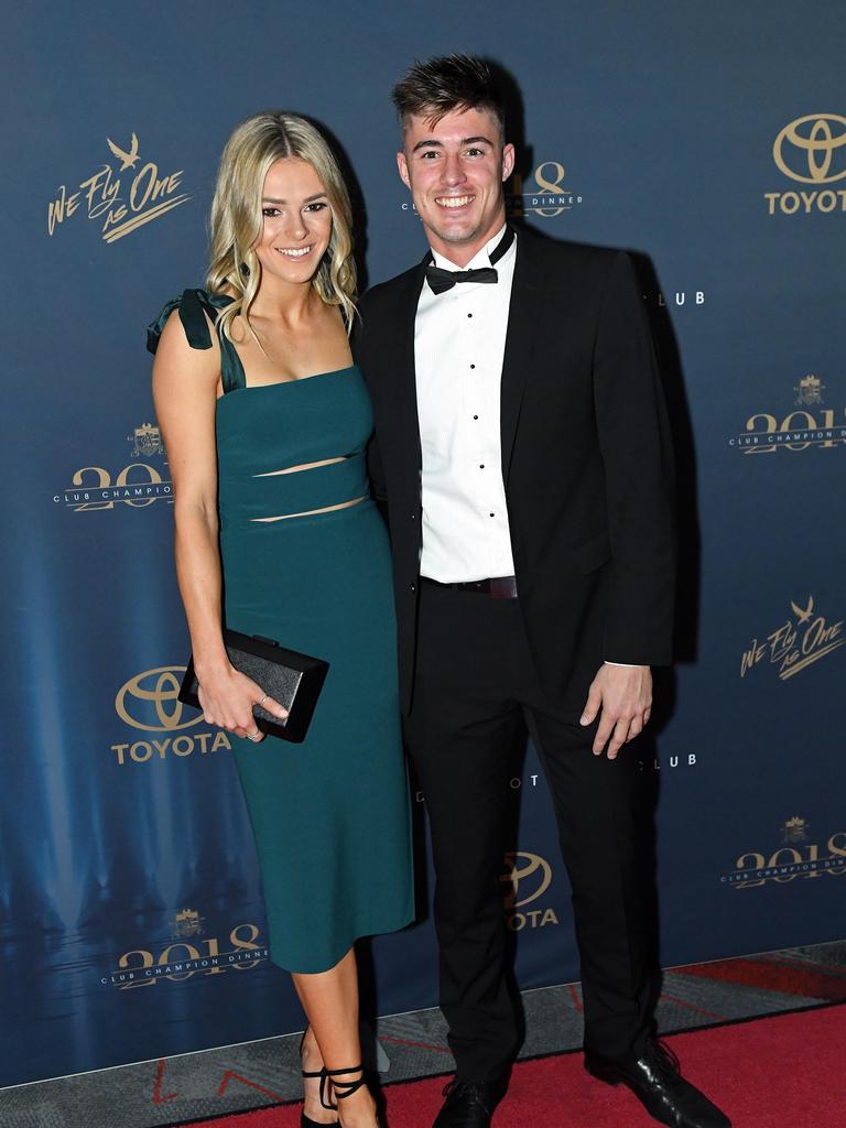 Riley Knight and Charlotte Veart on the red carpet ahead of the Malcolm Blight medal presentation night at the Adelaide Entertainment Centre.