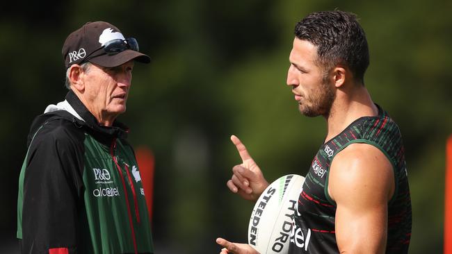 Coach Wayne Bennett and Sam Burgess during a South Sydney training session at Erskinville Oval. Picture: Phil Hillyard