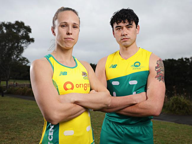 Men’s netball player Liam Forcadilla with Diamonds netballer Paige Hadley. Picture: Adam Yip