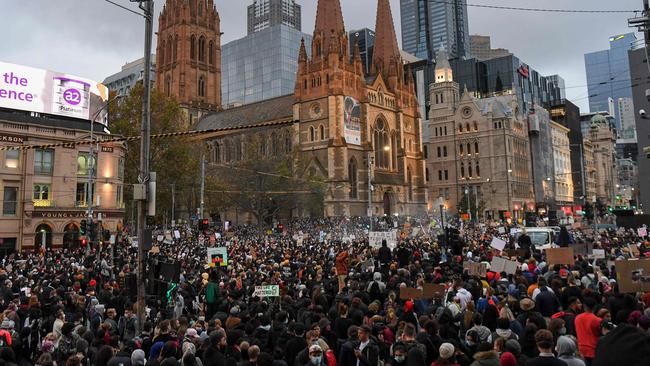 Crowds of protesters at a Black Lives Matter rally in Melbourne’s CBD in June. Picture: AFP