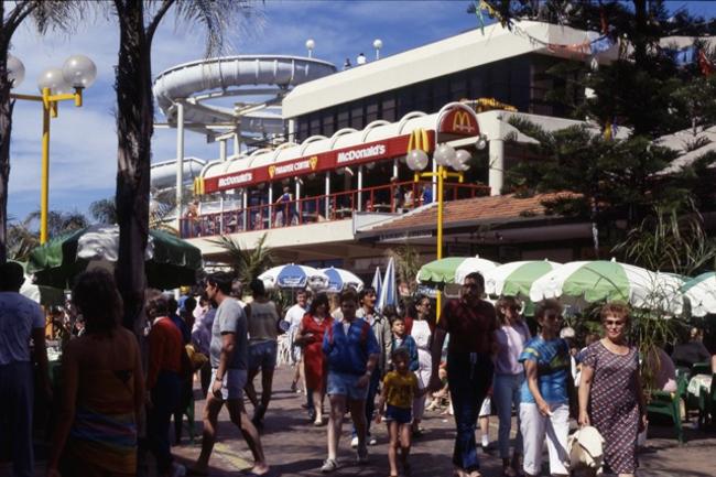 Cavill Mall and the Grundy's slides, Surfers Paradise, early 1980s