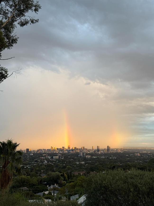 A Rainbow appears over Adelaide this morning . Picture: Sam Shute