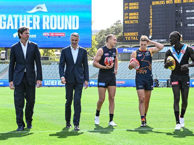 ADELAIDE, AUSTRALIA - NewsWire Photos APRIL 12, 2023: AFL CEO Gillon McLachlan, South Australian Premier Peter Malinauskas, Carlton captain Patrick Cripps, Adelaide Crows captain Jordan Dawson and Port Adelaide player Aliir Aliir at Adelaide Oval in the lead up to Gather Round Picture: NCA NewsWire / Brenton Edwards