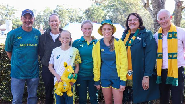 From L to R coach Alex Beaver, Marg Warn, Lani Warn, Holly Warn, Elle Warn, St Hilda's principal Virginia Warner and John Warn. PIcture: Supplied