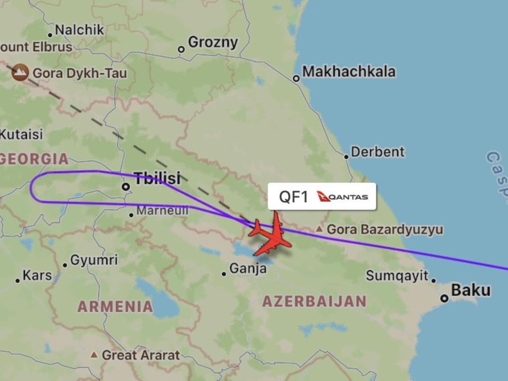 Passengers on a Qantas flight from Singapore to London face at least one night in Azerbaijan after a mechanical fault on the aircraft. Picture: Flight Radar 24