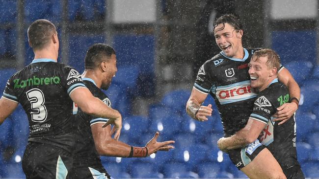 Lachie Miller and his teammates celebrate a stunning try. Picture: NRL Photos