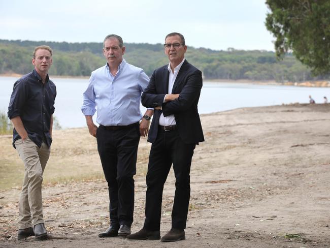 David Speirs, former state member for Davenport, Steve Murray, and then-premier Steven Marshall in February. Picture Dean Martin