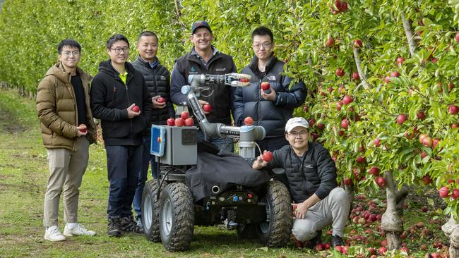 Eugene Kok, Wesley Au, Chao Chen, Brad Fankhauser, Tianhao Liu, Hugh Zhou with the MARS (Monash Apple Retrieving System) robot. Picture: Zoe Phillips