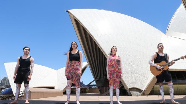 Kari singers perform in the forecourt of the Sydney Opera House to promote the Australia Day concert. Picture: NCA NewsWire / Gaye Gerard